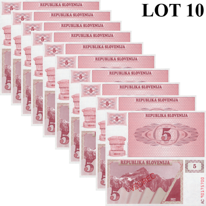 Slovenia 5 Tolarjev 1990 P 3 UNC Specimen 1/10 Bundle Lot 10 pcs