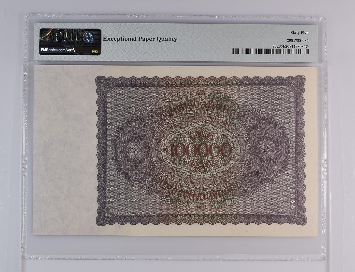 Germany Republic Treasury Note 100000 1923 P 83a UNC PMG 65 EPQ 3rd TOP POP