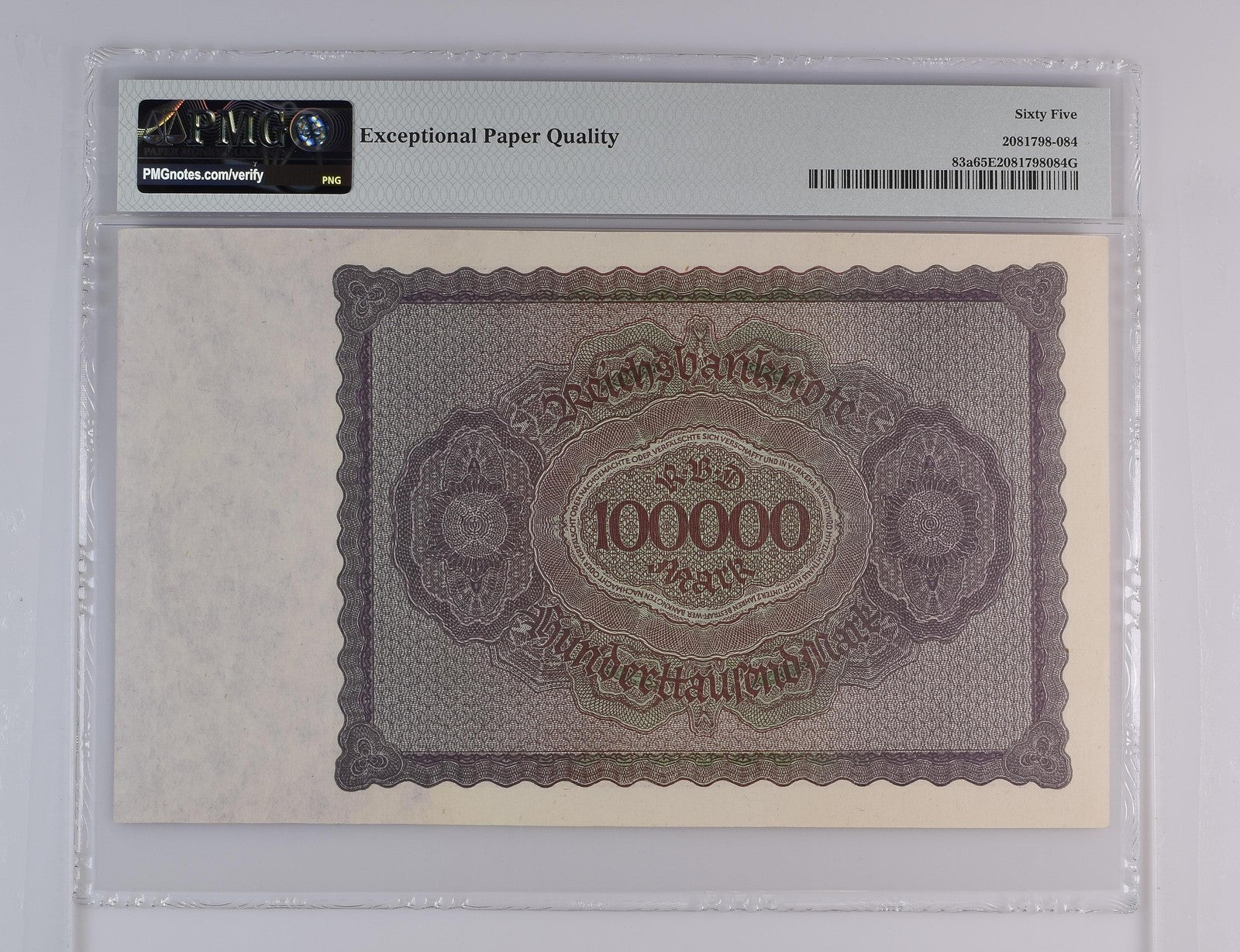 Germany Republic Treasury Note 100000 1923 P 83a UNC PMG 65 EPQ 3rd TOP POP