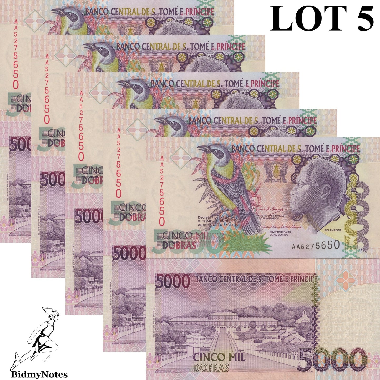 Sao Tome Principe 5000 Dobras 2004 P 65c UNC AA Prefix 1/20 Bundle LOT 5 pcs
