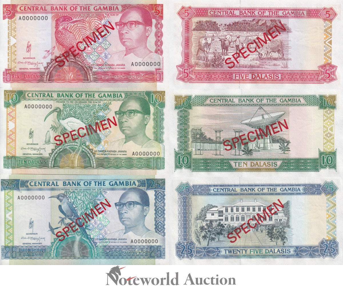 Gambia 5 10 25 Dalasis ND 1991-1995 P 12a 13a 14a UNC SPECIMEN Set 3 pcs