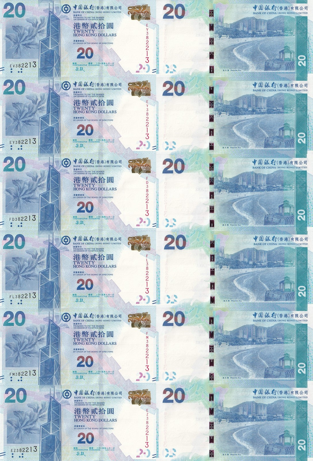 Hong Kong 20 Dollars 2015 P 341e UNC BOC Set 6 pcs Mathcing S/N