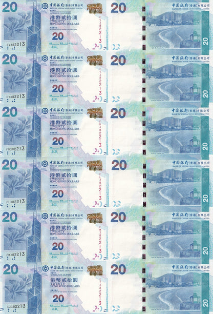 Hong Kong 20 Dollars 2015 P 341e UNC BOC Set 6 pcs Mathcing S/N