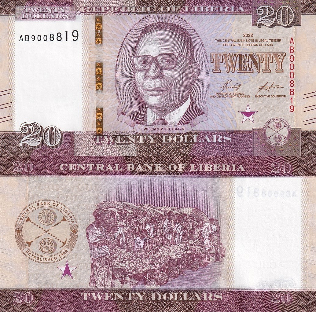 Liberia 20 Dollars 2022 P 39 UNC 1/10 Bundle Lot 10 pcs