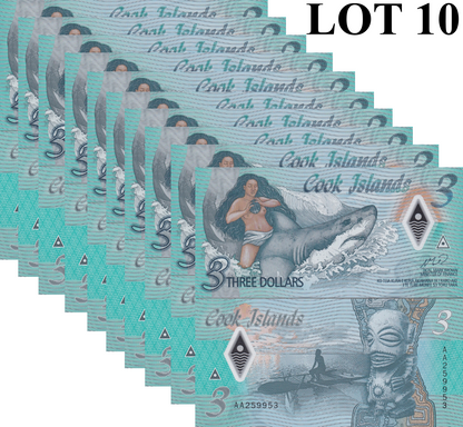Cook Islands 3$ ND 2021 P 11 Polymer UNC 1/10 Bundle Lot 10 pcs AA Firs Prefix