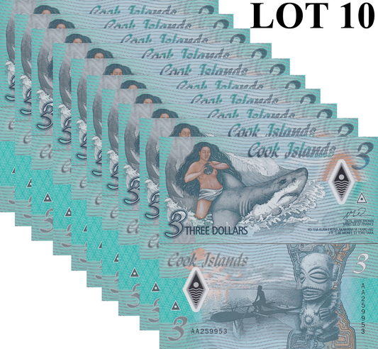 Cook Islands 3$ ND 2021 P 11 Polymer UNC 1/10 Bundle Lot 10 pcs AA Firs Prefix