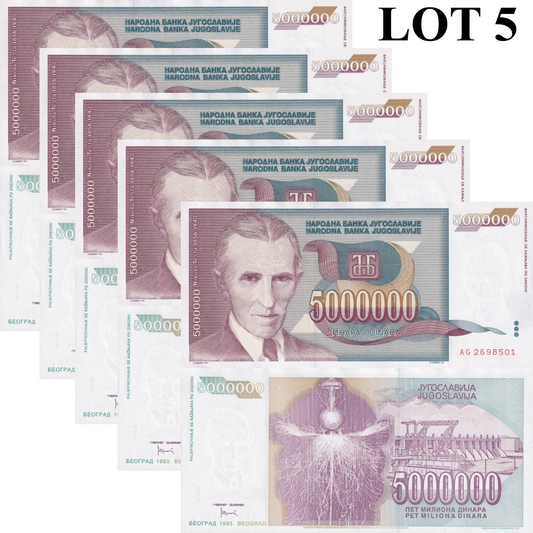 Yugoslavia 5000000 Dinara 1993 P 121 UNC 1/20 Bundle Lot 5 pcs