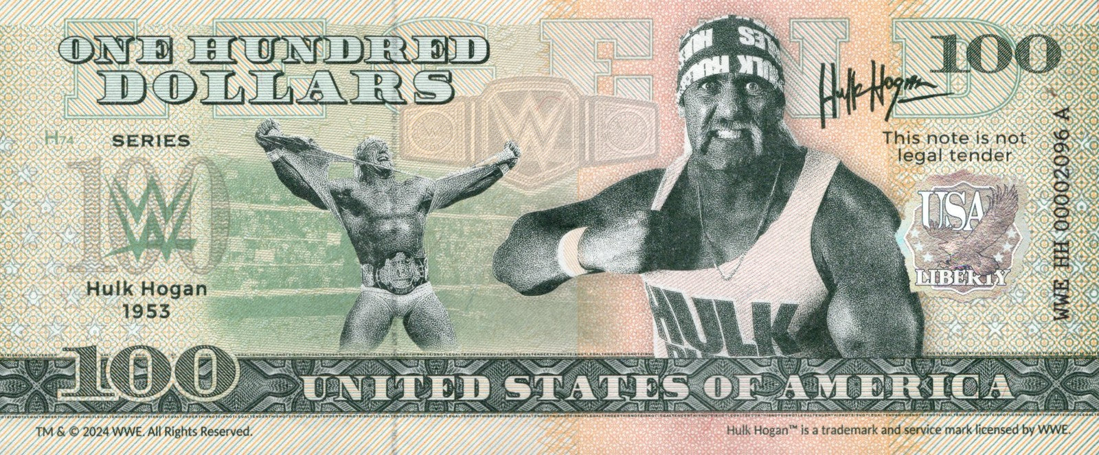 USA Hulk Hogan 100 Dollars WWE TEST NOTE 2024 UNC