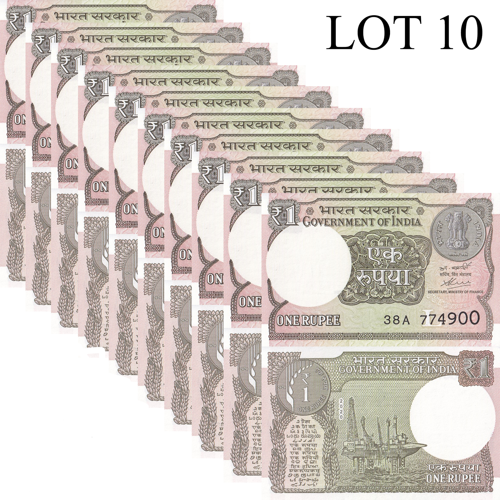 India 1 Rupee 2020 P 117A UNC 1/10 Bundle LOT 10 pcs