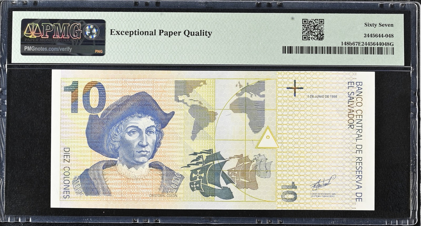 El Salvador 10 Colones 1998 P 148b UNC PMG 67 EPQ 2nd TOP POP