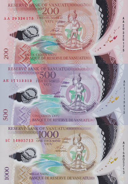 Vanuatu 200 500 1000 Vatu 2014 2017 2020 P 12 13 18 Polymer UNC Set 3 pcs