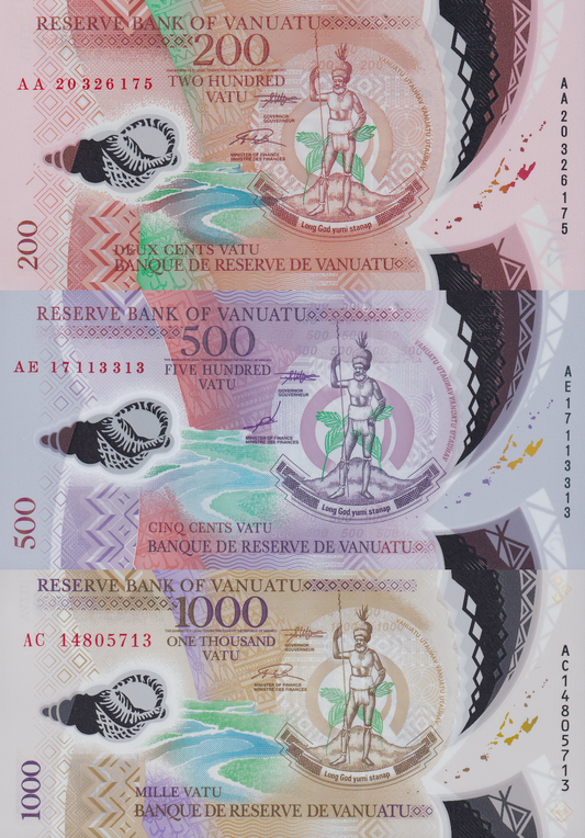 Vanuatu 200 500 1000 Vatu 2014 2017 2020 P 12 13 18 Polymer UNC Set 3 pcs