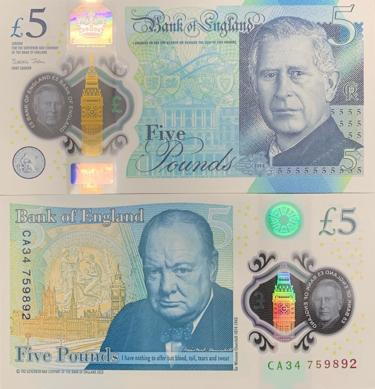 Great Britain 5 Pounds 2023/2024 P 398 King Charles III New Polymer UNC