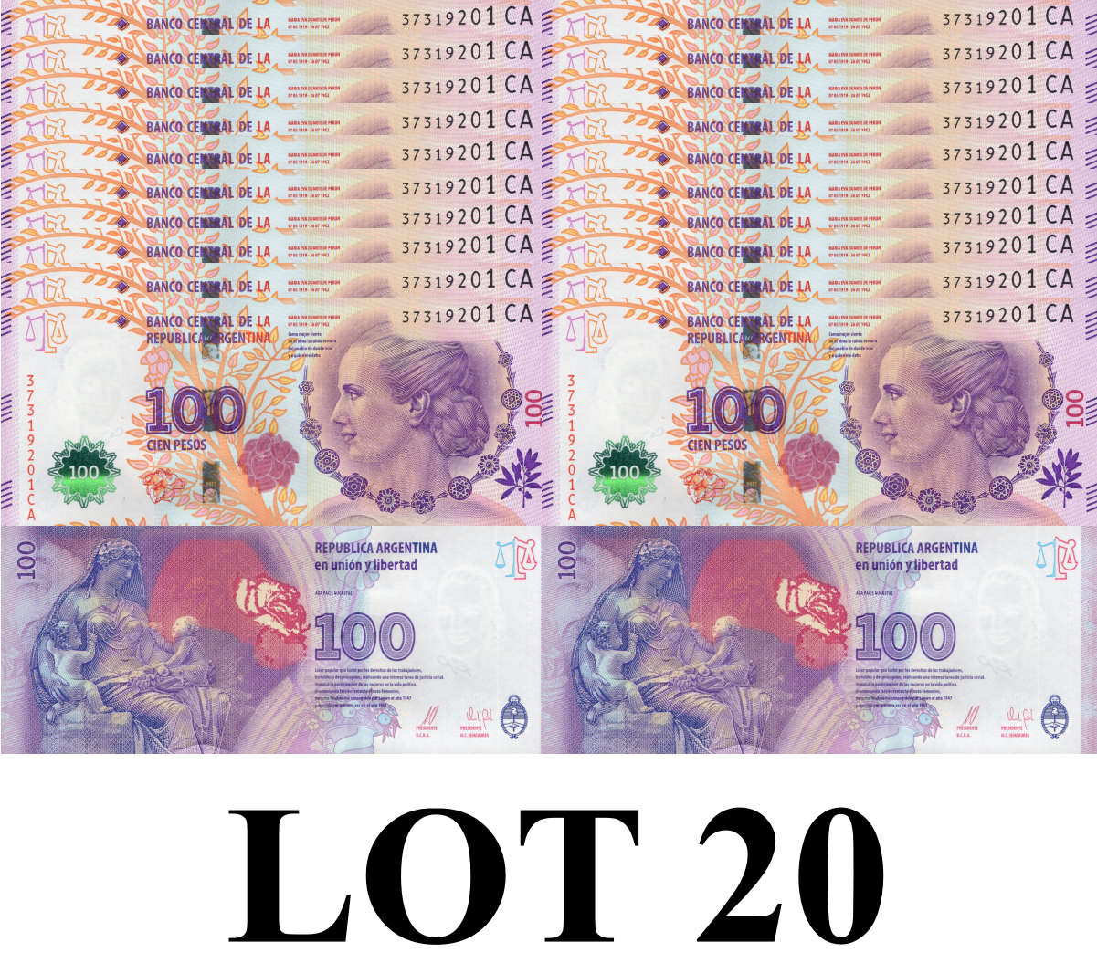 Argentina 100 Pesos ND 2012 P 358c UNC COMM. 1/5 Bundle Lot 20 pcs