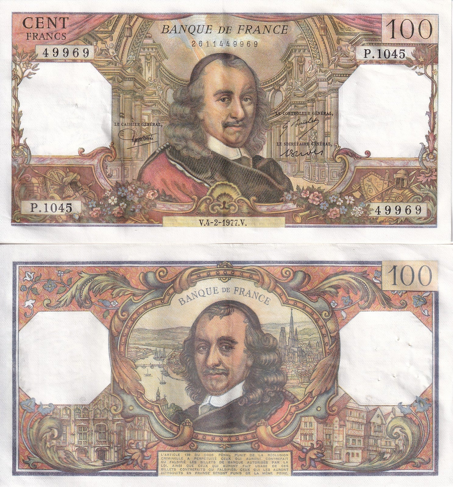 France 100 Francs 1977 P 149f EF-AU W/Hole 