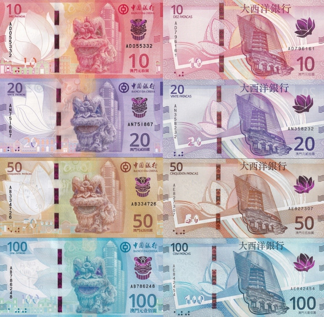 Macau Macao 10 20-100 2024/2025 P 125a 126a 300a 301a P New UNC BOC BNU Set 8 p