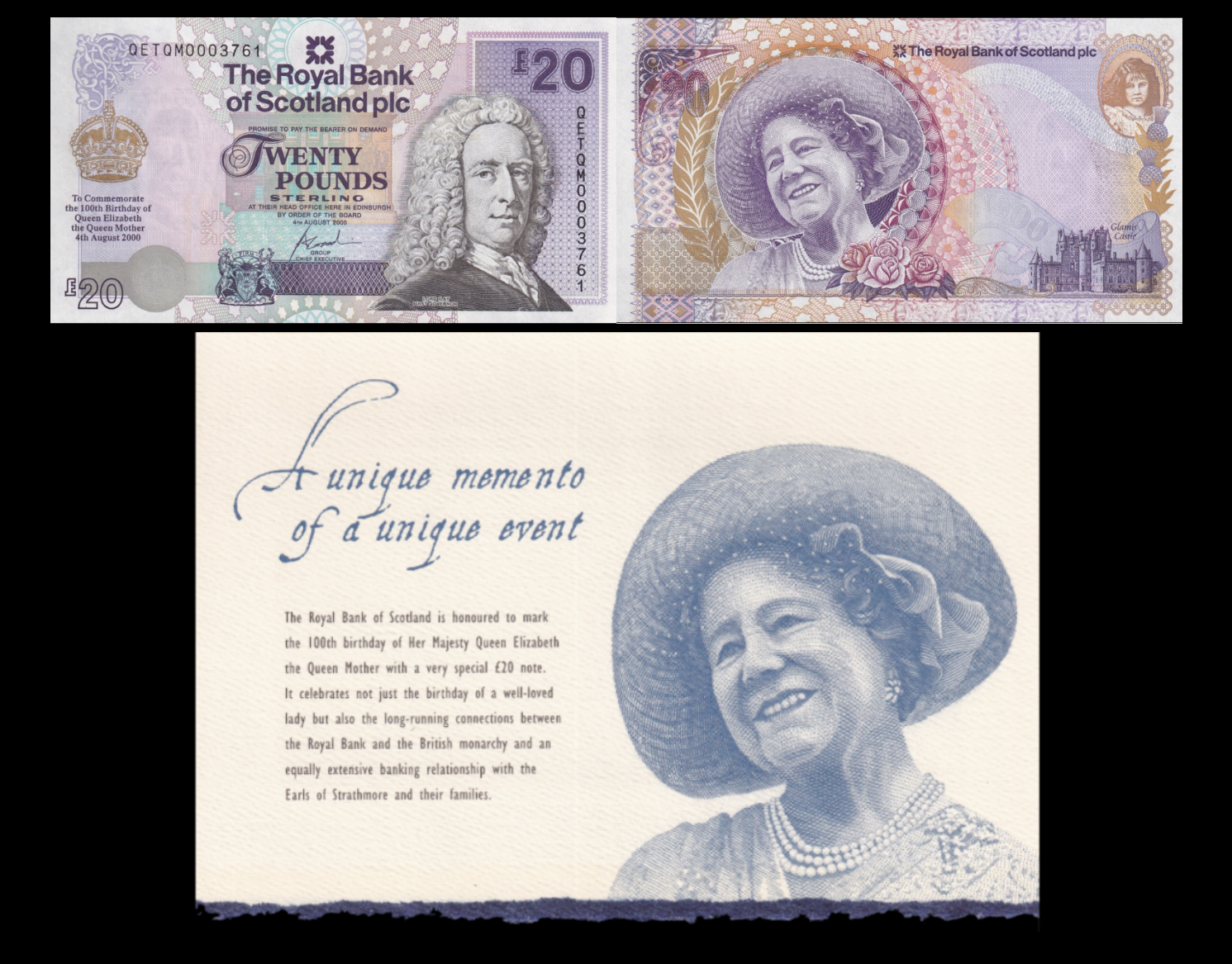 Scotland 20 Pounds Sterling 2000 P 361 UNC Royal Bank of Scotland PLC COMM. W/F