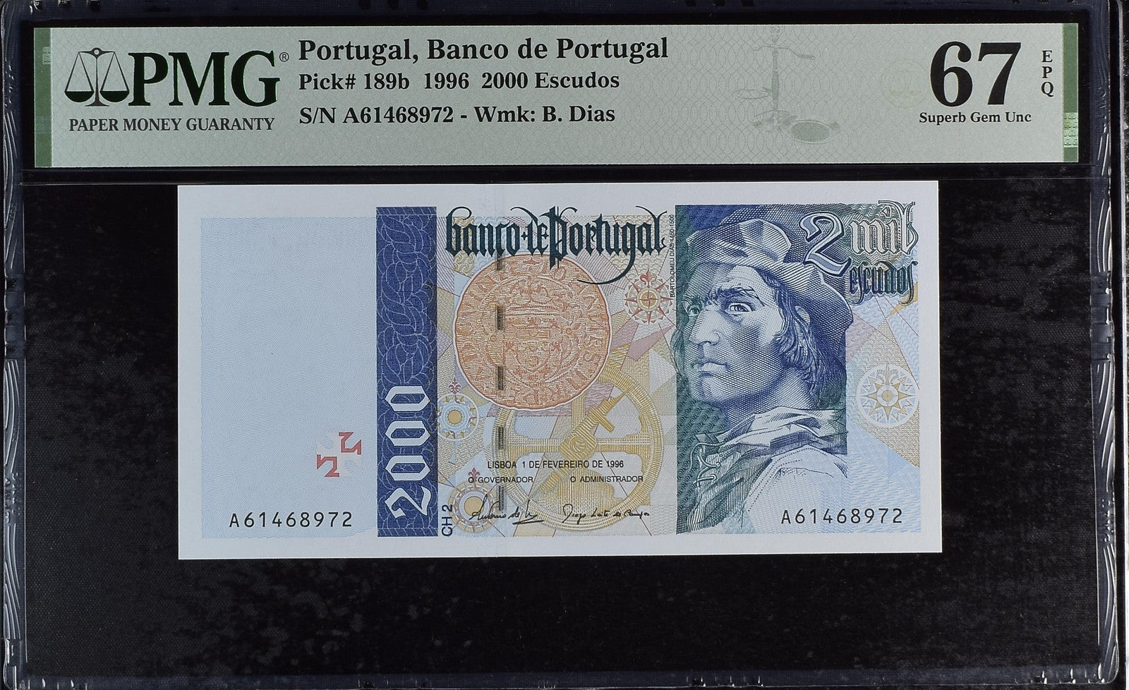 Portugal Banco de Portugal 2000 Escudos 1996 P 189b UNC PMG 67 EPQ 2nd TOP POP