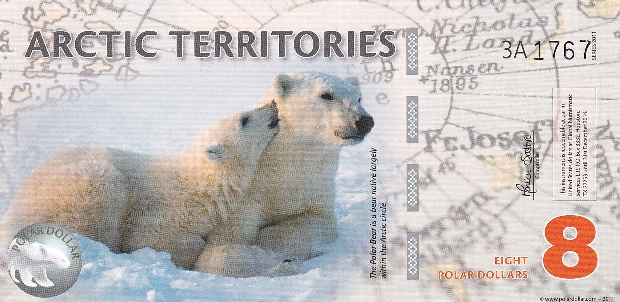 Arctic Territories 8 Dollars 2011 Polar Bear UNC Test Note Series 3A Polymer