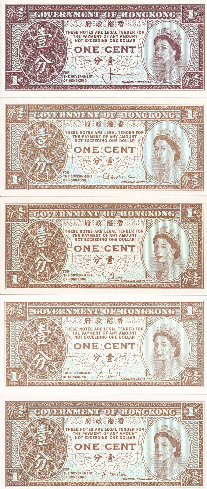 Hong Kong 1 Cent ND 1961-1995 P 325a - 325e QEII Gem UNC Full Set 5 Diff Sign