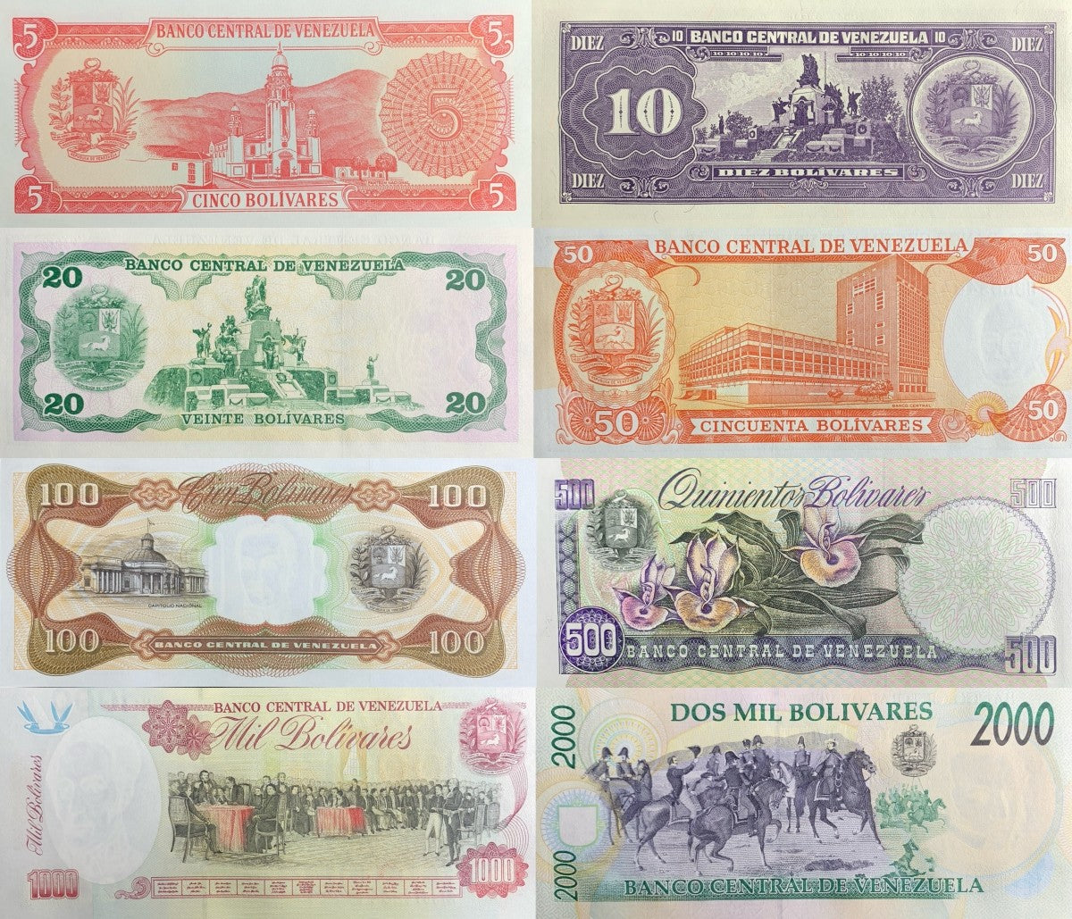 Venezuela 5 10 20-2000 Bolivares 1989-98 P 70 61 63-77 UNC MINOR FOXING Set 8 p
