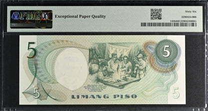 Philippines 5 Piso 1949 (ND 1969) P 143b UNC PMG 66 EPQ LOW S/N 4046 2nd TOP POP
