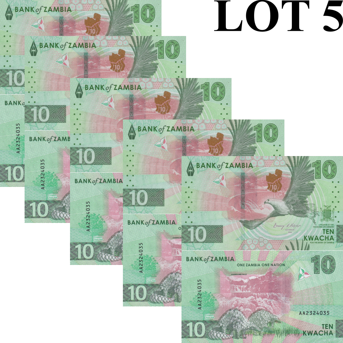 Zambia 10 Kwacha 2024 2025 P New Issue UNC AA Prefix 1/20 Bundle LOT 5 pcs