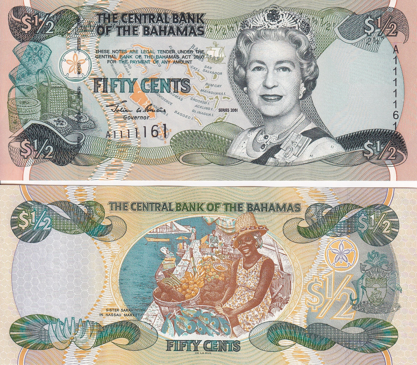 Bahamas 1/2 Dollar P 68a 2001 Half Dollar QEII UNC No.11111XX 