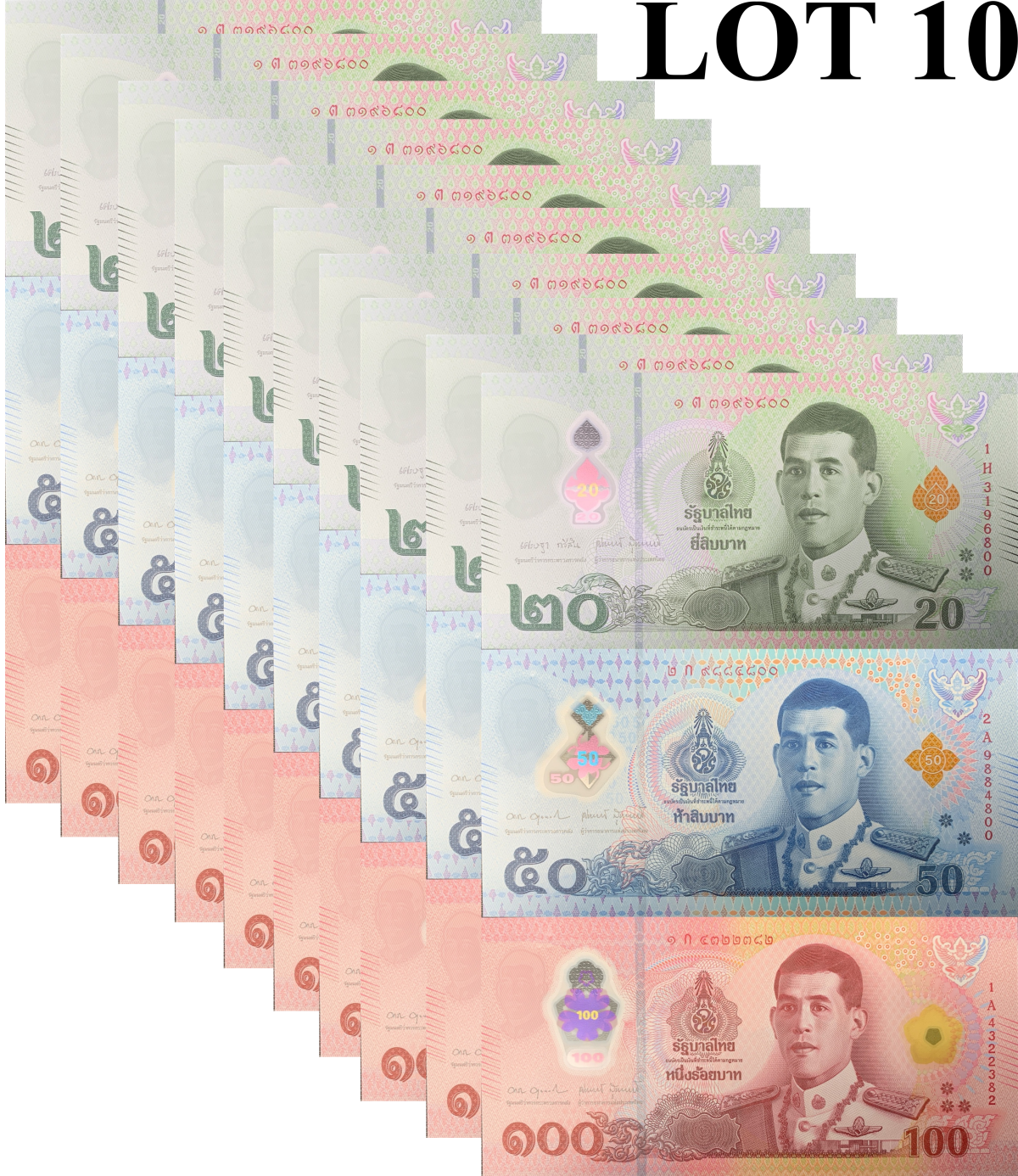 Thailand 20 50 100 Baht 2022/2025 P 145 New Polymer UNC Set 3 Lot 10 pcs