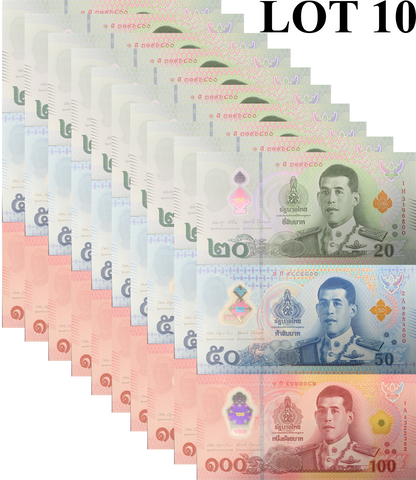 Thailand 20 50 100 Baht 2022/2025 P 145 New Polymer UNC Set 3 Lot 10 pcs