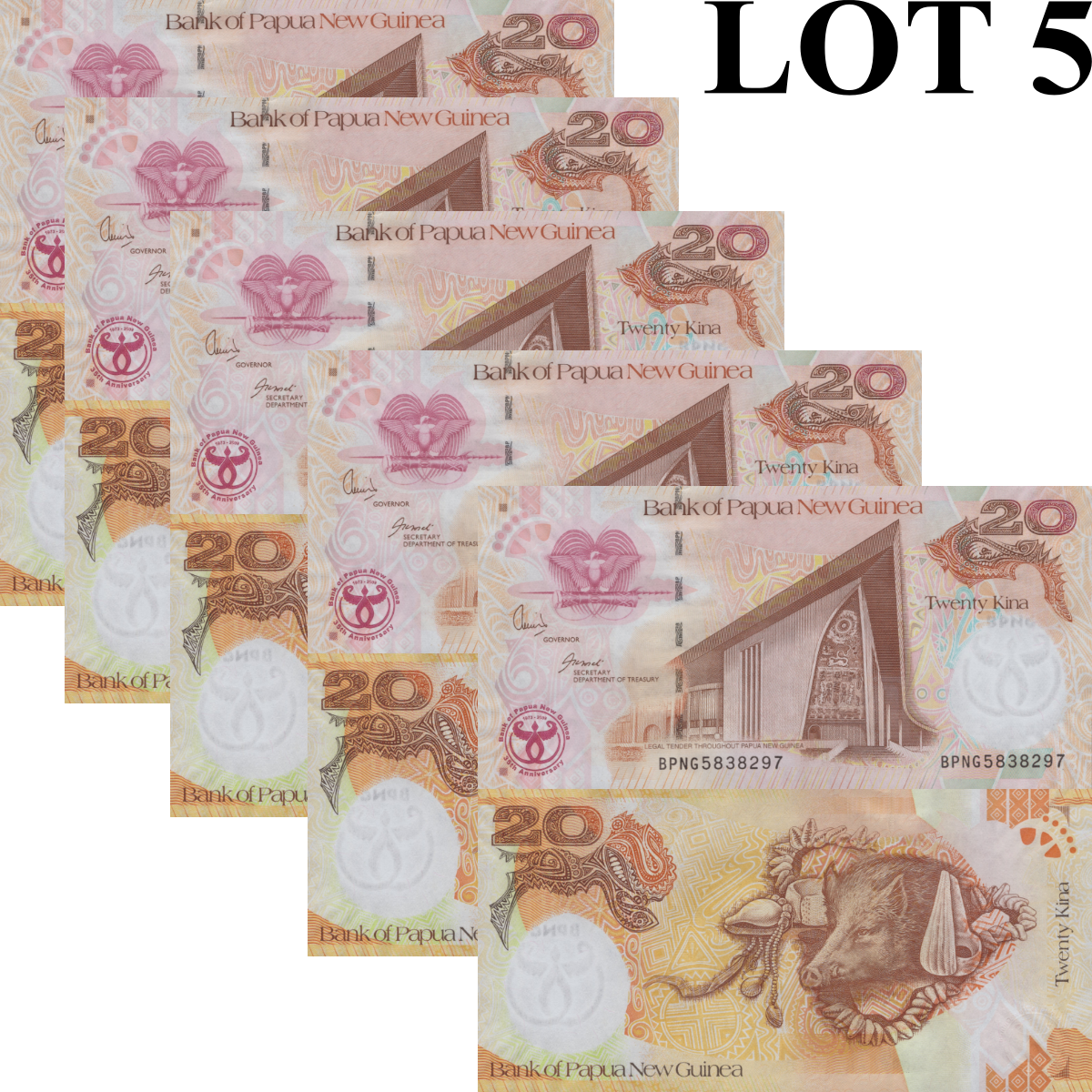 Papua New Guinea 20 Kina 2008 P 36 UNC Commemorative 1/20 Bundle LOT 5 pcs