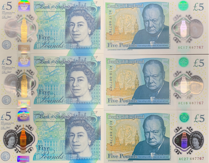 Great Britain 5 Pounds 2015 P 394 Polymer UNC Matching No. Set 3 pcs