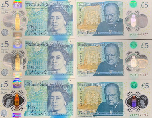 Great Britain 5 Pounds 2015 P 394 Polymer UNC Matching No. Set 3 pcs