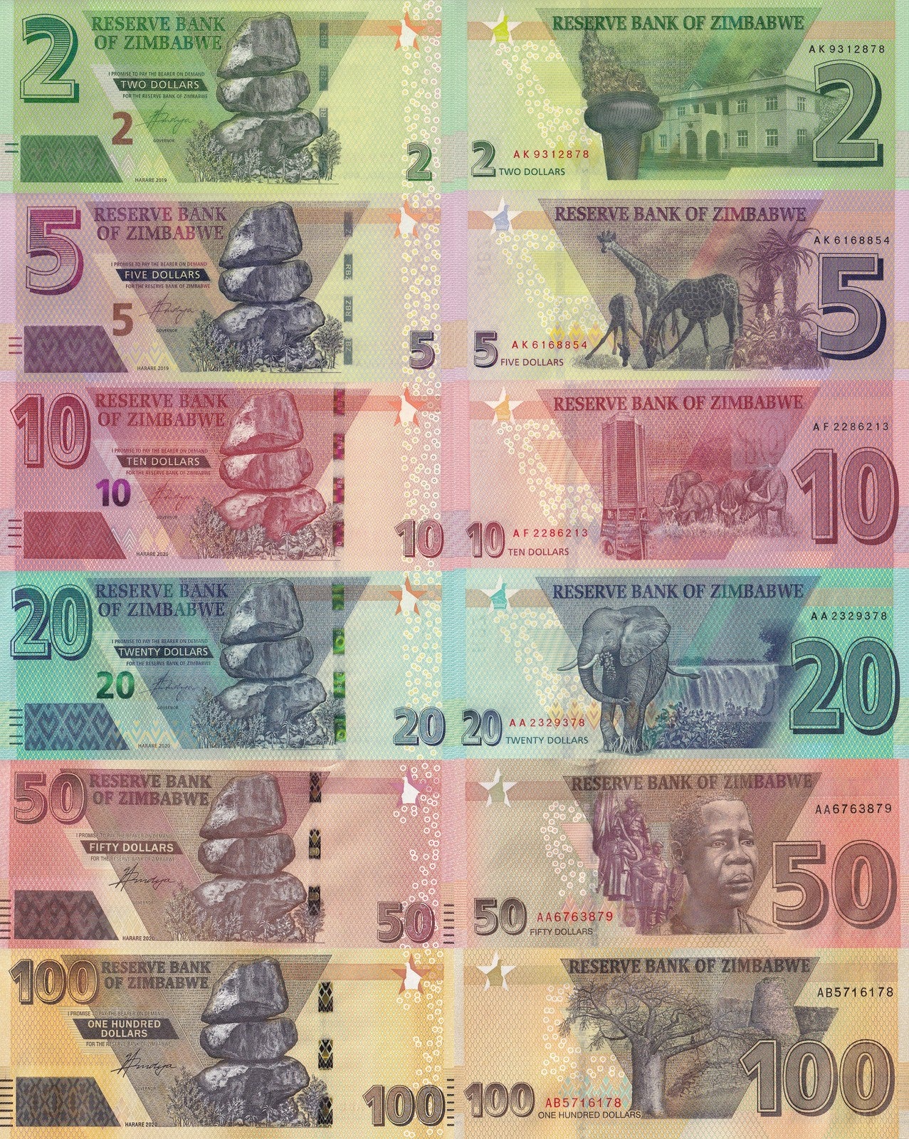 Zimbabwe 2 5 10 20 50 100 Dollars 2019 2020 P 101-106 UNC Set 6 pcs