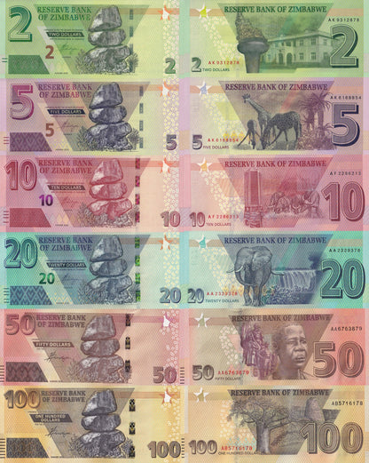 Zimbabwe 2 5 10 20 50 100 Dollars 2019 2020 P 101-106 UNC Set 6 pcs