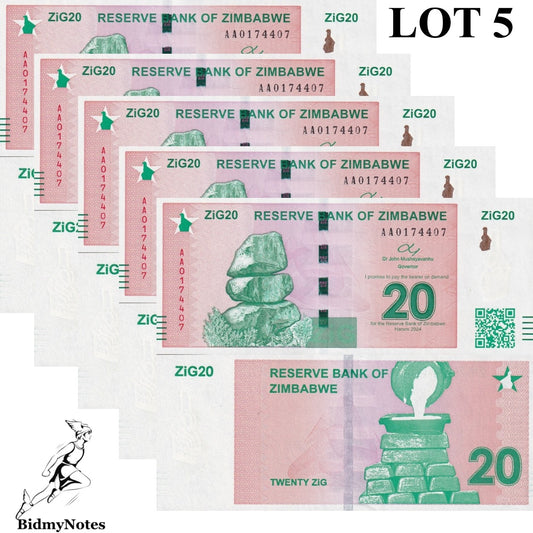 Zimbabwe 20 Zig 2024 P 111 UNC AA First Prefix 1/20 Bundle LOT 5 pcs
