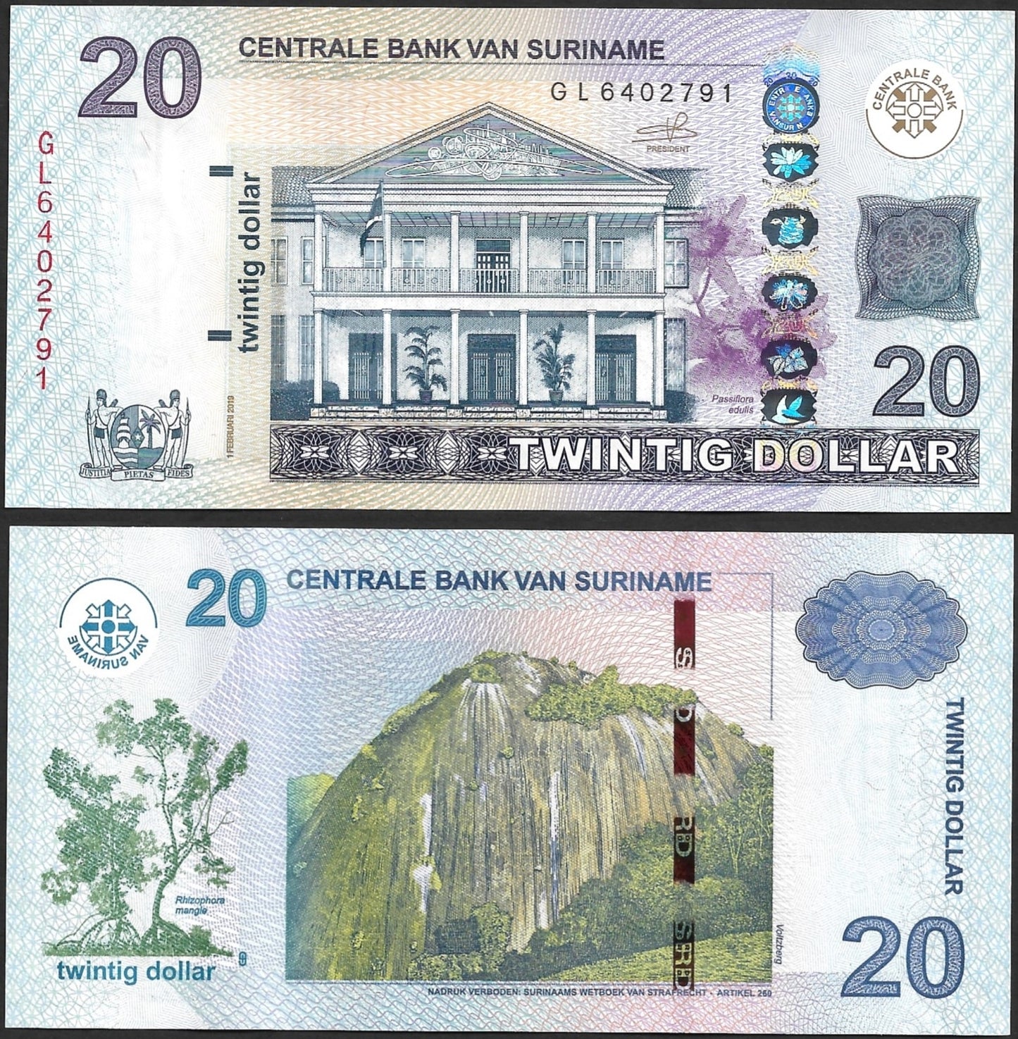 Suriname 20 Dollar 2019 P 164 UNC