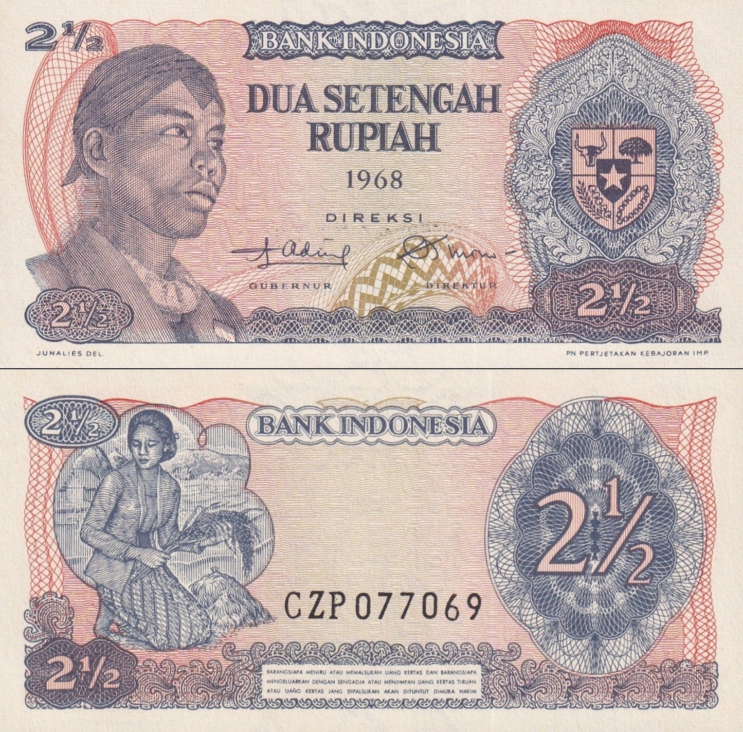Indonesia 2 1/2 Rupiah 1968 P 103 UNC MINOR FOXING