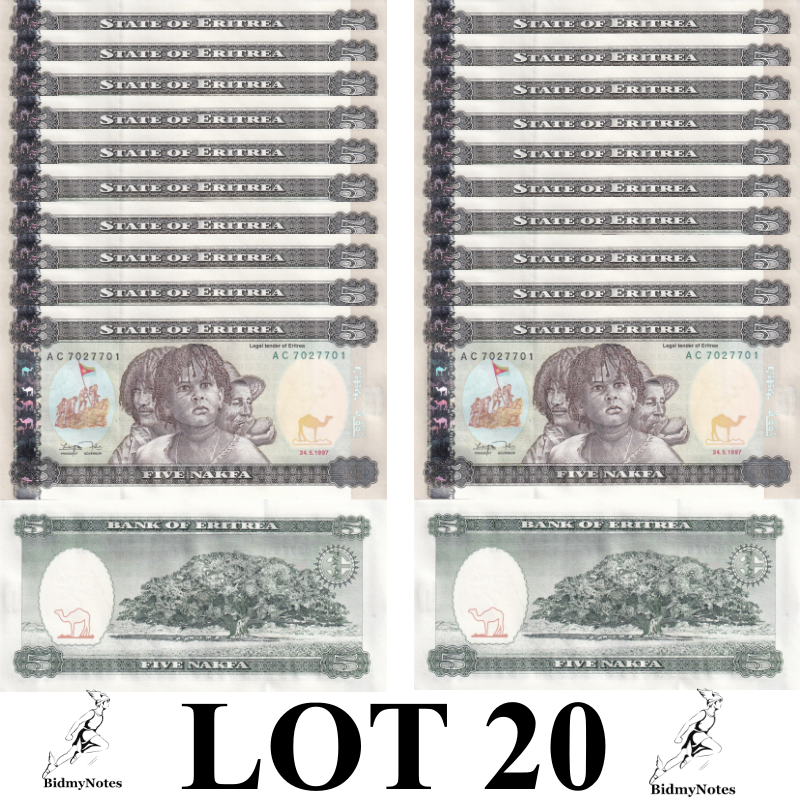 Eritrea 5 Nakfa 1997 P 2 UNC 1/5 Bundle LOT 20 pcs