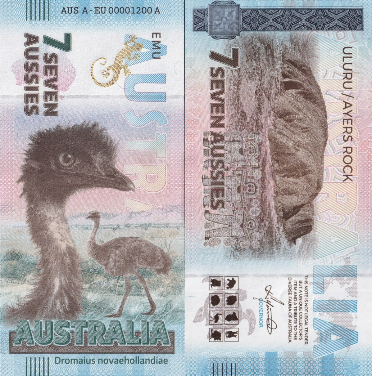 Australia TEST NOTE Souvenir Note 7 Aussie Emu UNC