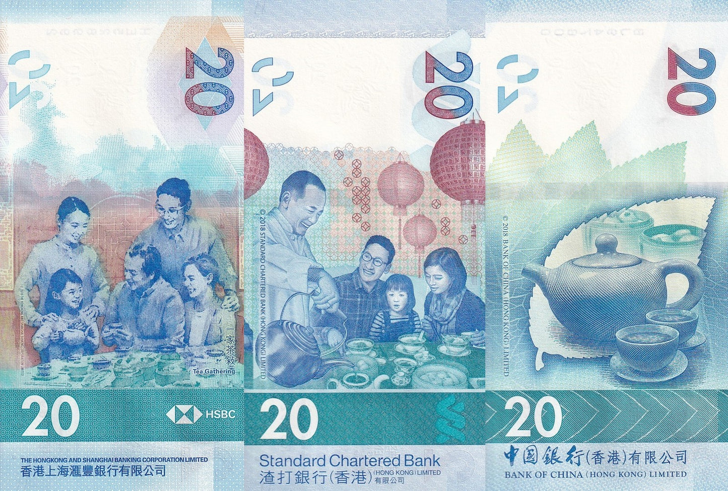 Hong Kong 20 Dollars 2018-2020 P 218 302 348 UNC HSBC SCB BOC Set 3 pcs