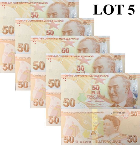 Turkey 50 Turk Lirasi 2009/2025 P 225 New Date UNC 1/20 Bundle Lot 5 pcs