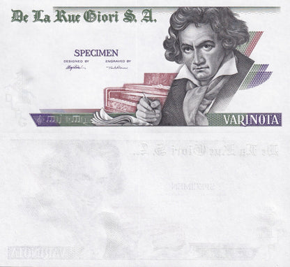 De La Rue Giori Varinota Beethoven Test Note green purple Uniface Intaglio UNC