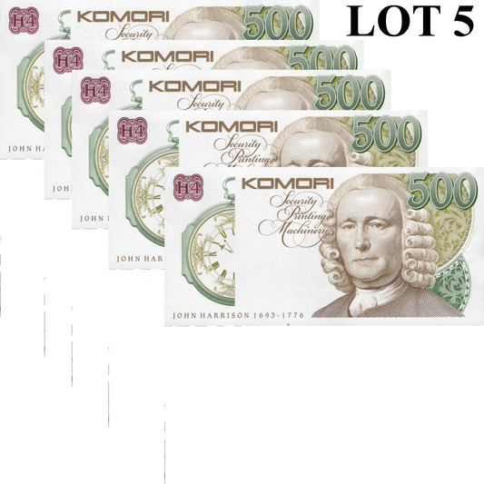 Komori (JPN) TEST NOTE 500 Units John Harrison Type B UNC 1/20 Bundle Lot 5 pcs