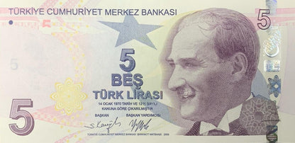 Turkey 5 Turk Lirasi 2009/2022 P 222 UNC F Prefix