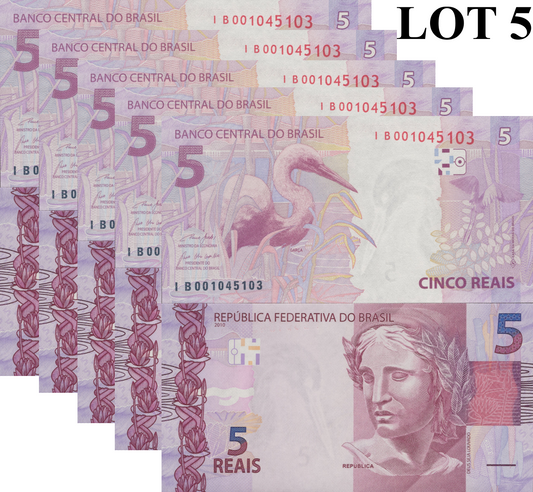 Brazil 5 Reais 2010 P 253 Random Sign UNC 1/20 Bundle Lot 5 pcs
