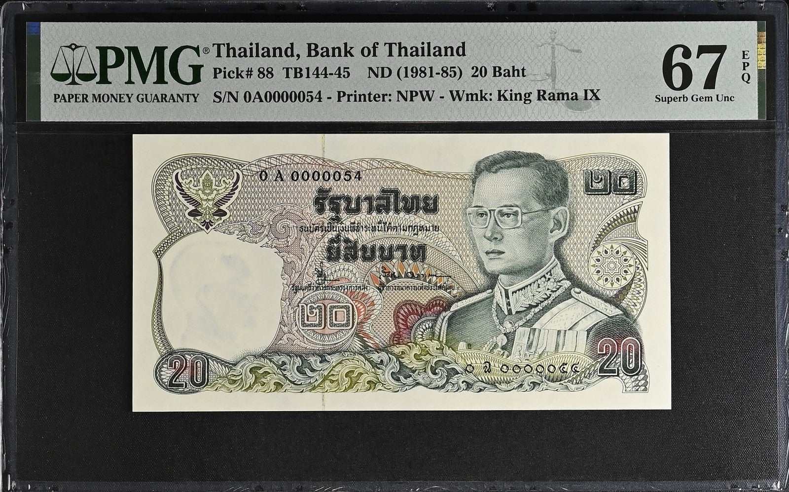 Thailand 20 Baht ND 1981-85 P 88 UNC PMG 67 EPQ 0A Prefix LOW S/N 54 3rd TOP POP