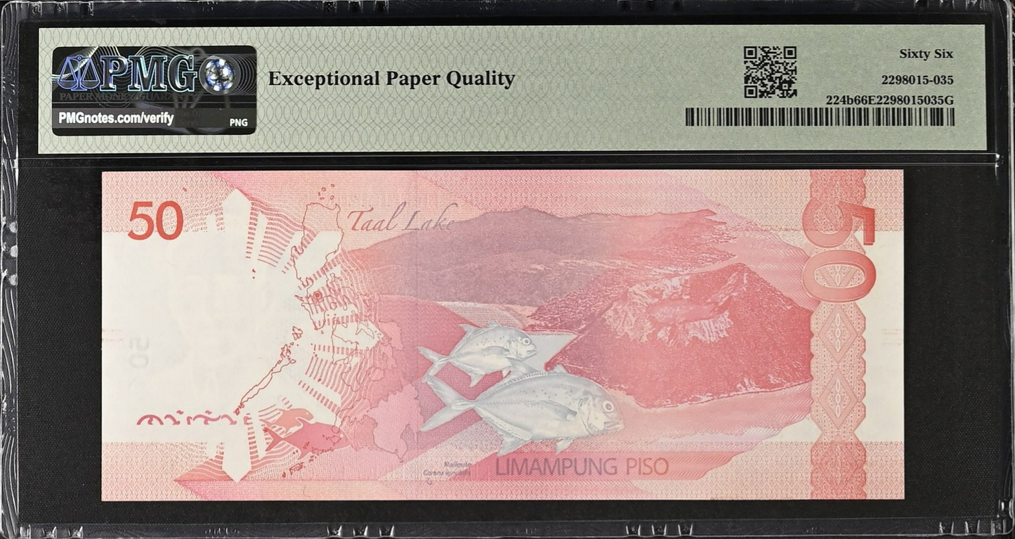 Philippines 50 Piso 2022 P 224b UNC PMG 66 EPQ AA Prefix SOLID 6 3rd TOP POP
