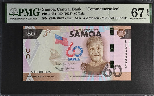 Samoa COMM. 60 Tala ND (2023) P 46a UNC PMG 67 EPQ LOW S/N 0000072 3rd TOP POP