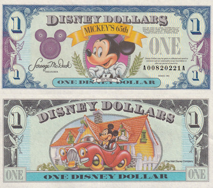 Usa 1 Disney Dollar 1993 Mickey Mouse 65th Anniv. Commemorative UNC